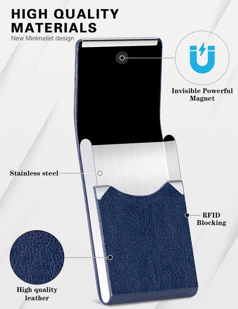 Padike Professional Business Card Holder PU Leather Business Card Case Name Card Holder Slim Metal Pocket Card Holder with Magnetic Shut (Z-Blue) - Image 2